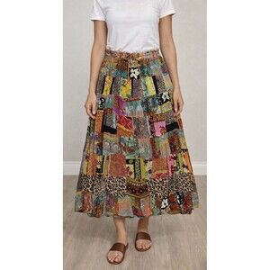 Vintage Patchwork Maxi Skirt Women's One Size Boho Fairy Festival Drawstring